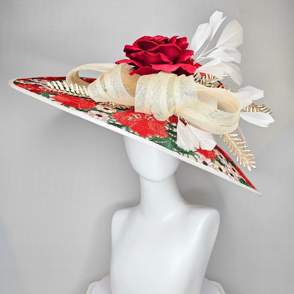 Red Floral Wide-Brim Fascinator Hat with Cream Accents